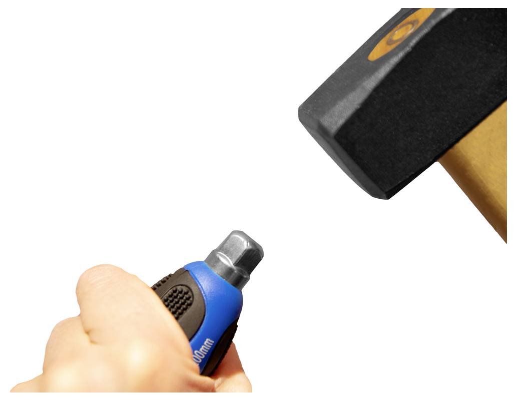 A hand holds a pen-sized wrench next to the head of a hammer.