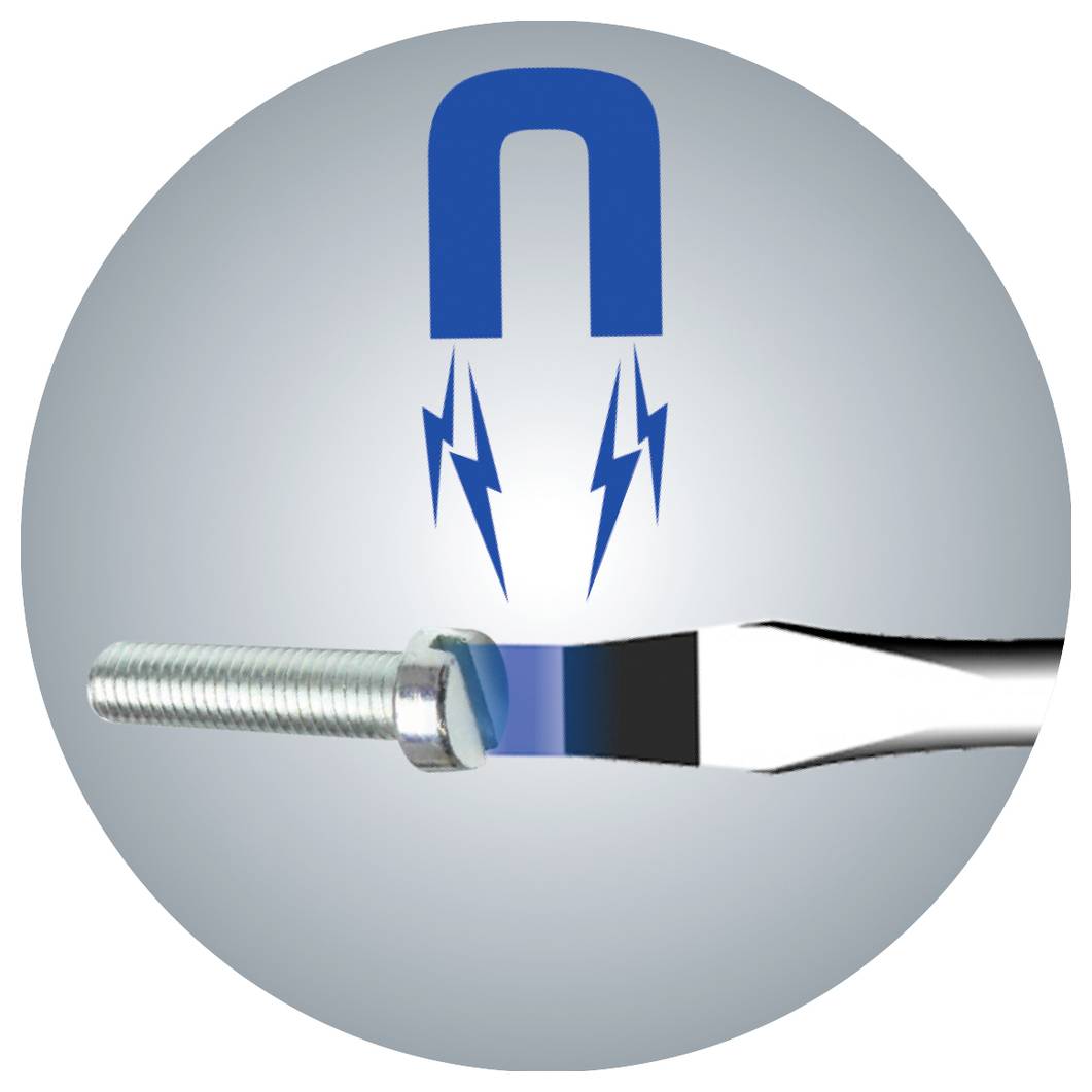'A bolt is magnetically attracted to the tip of a screwdriver, with a blue magnet symbol and lightning bolts above, indicating magnetism.'