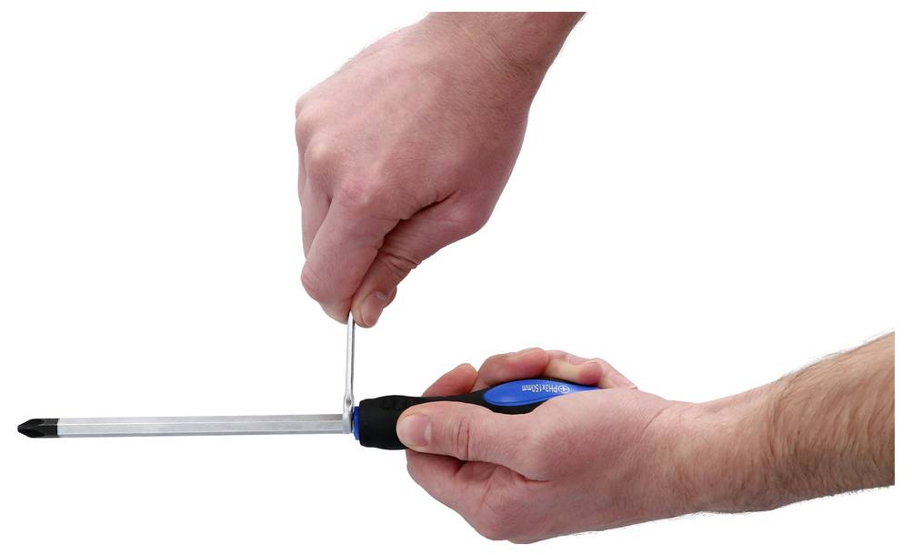 Hands holding and adjusting a blue tool with a rotating mechanism, featuring a metal rod and rubber handle, demonstrating usage.