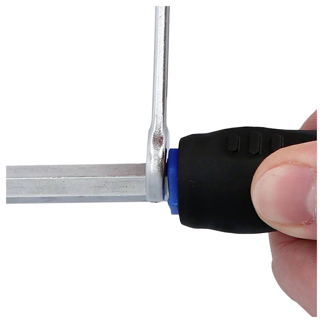 A hand holding a black-handled wrench adjusting a blue nut on a silver bolt.