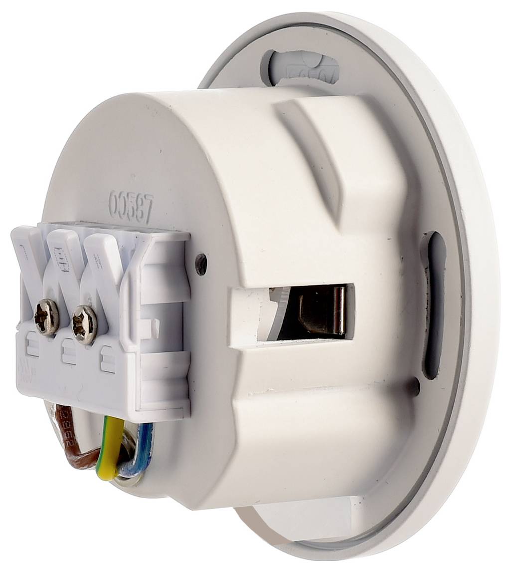 White round electrical wall connector with exposed wired terminals and mounting plate.