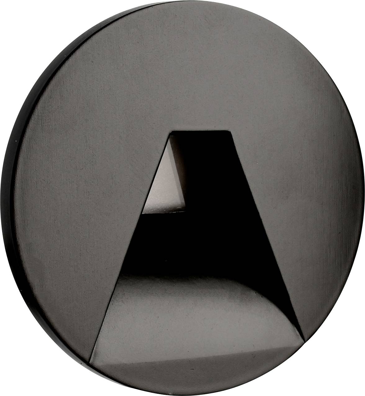 Round black wall light with a triangular opening in the centre that directs incoming light. Suitable for modern interior design.