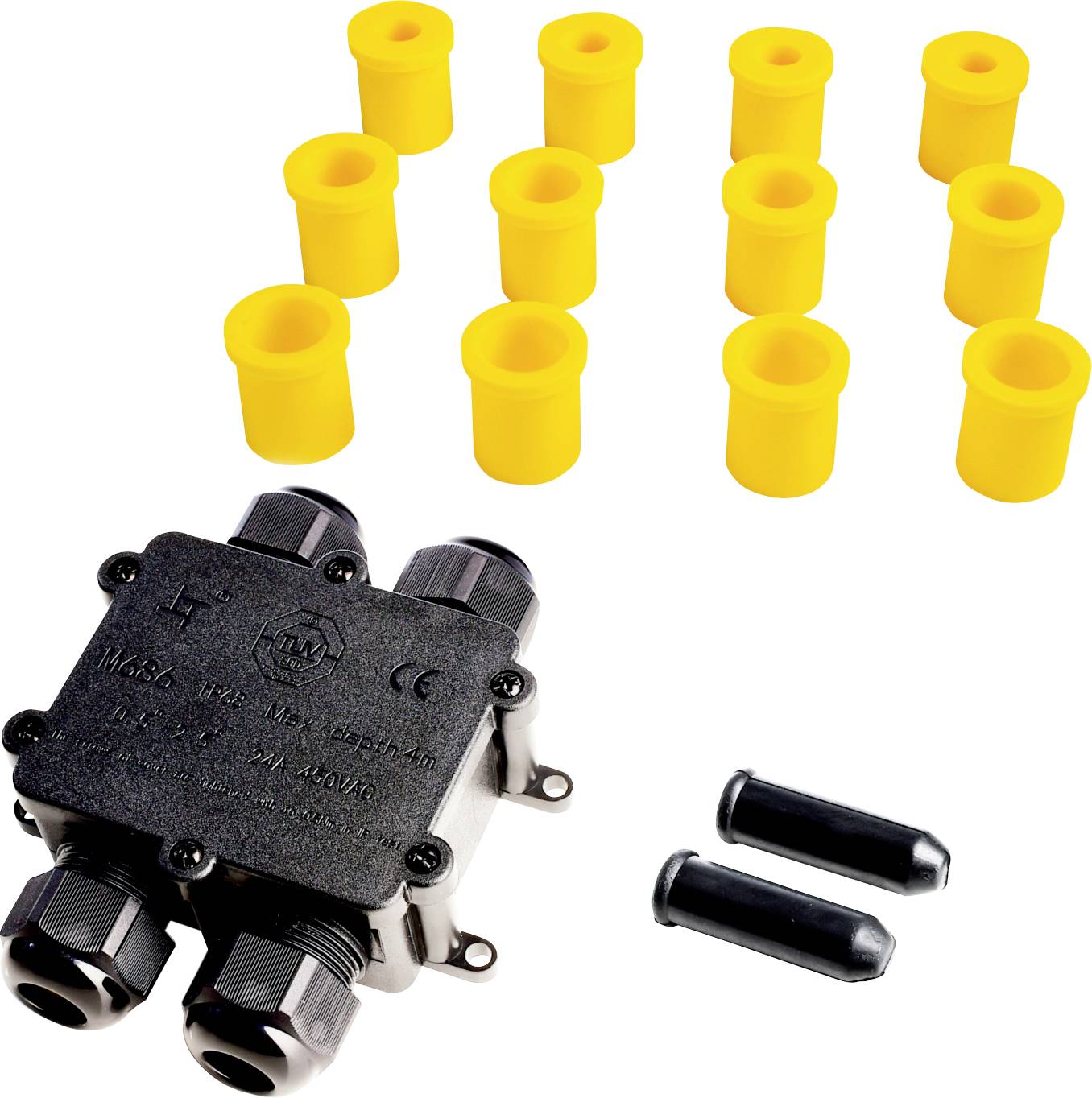 Black cable connector box with five connections at the bottom. Ten yellow sockets and two black end caps are placed beside it.