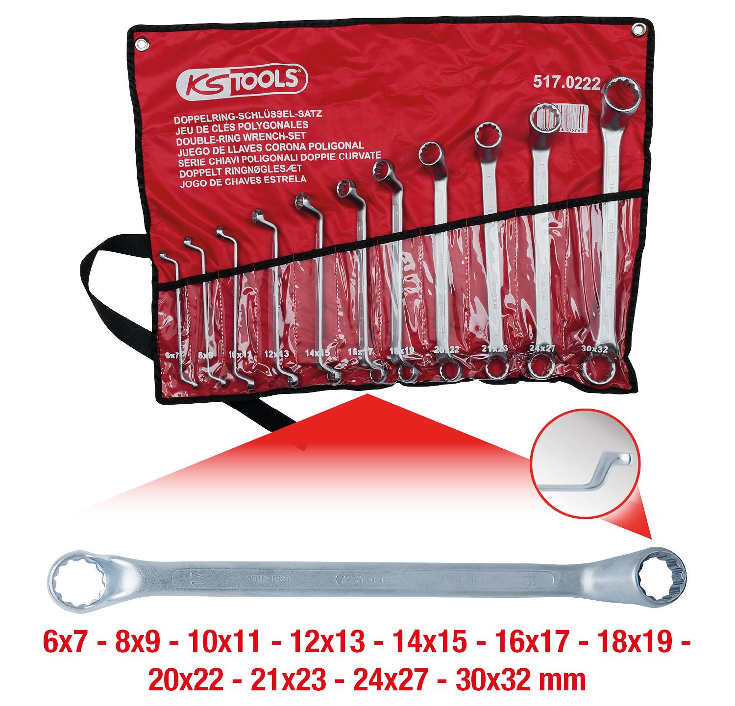 'KS Tools' double-ended spanner set with twelve spanners in various sizes from 6x7 to 30x32 mm, on a red holder.