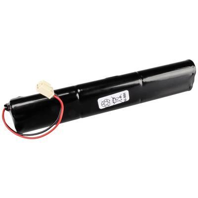 A black cylindrical battery with two cables and a connector. Label displays a recycling symbol.