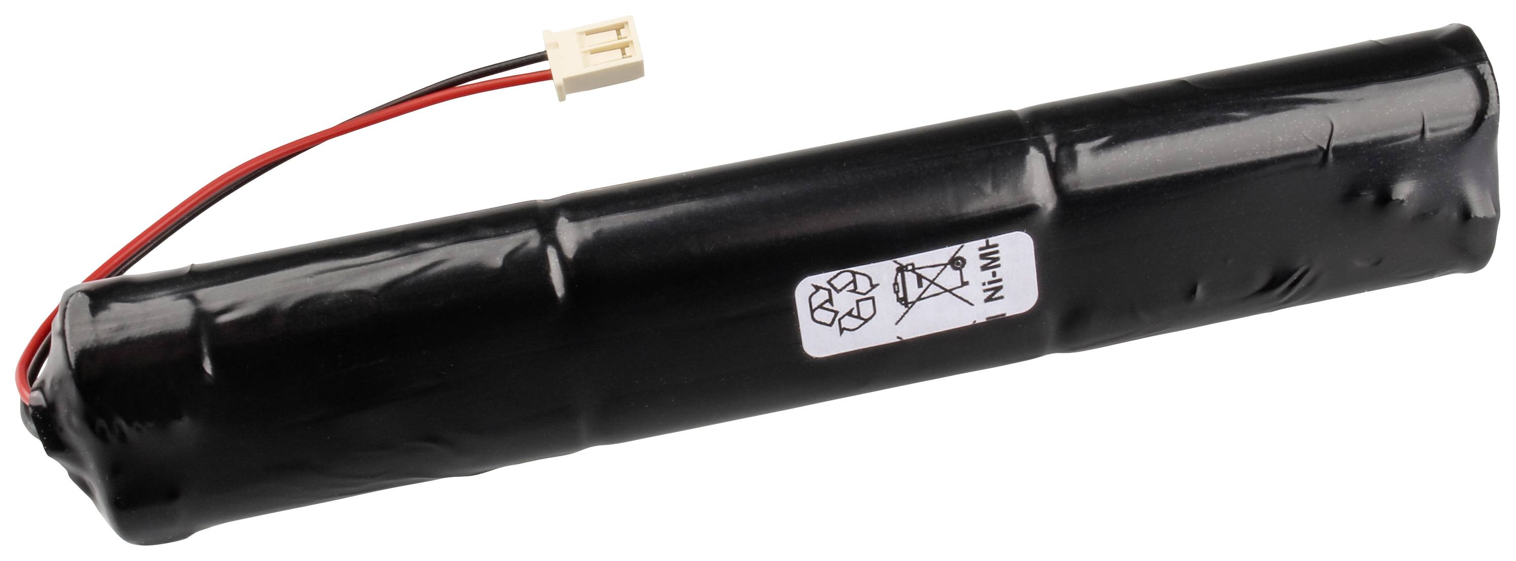 A black Ni-MH rechargeable battery with wires and a white connection plug. A recycling symbol is visible on the battery.