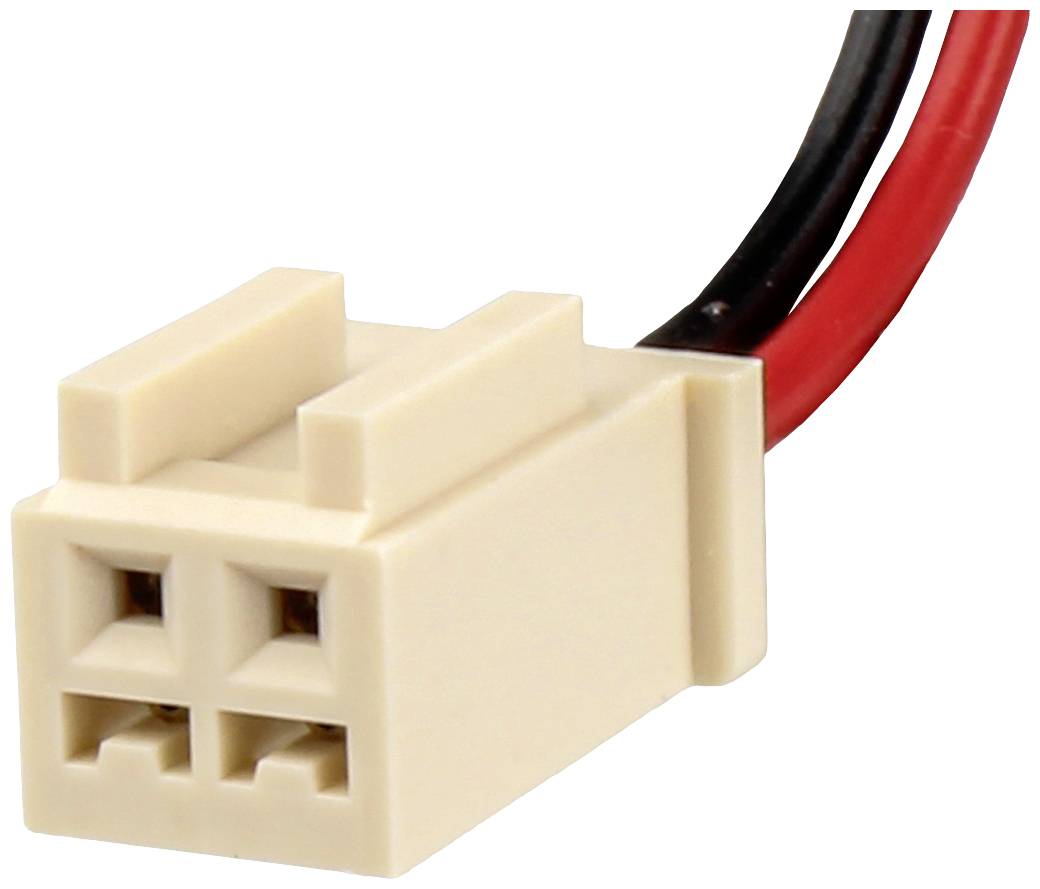 A two-pole white connector plug with red and black wires.