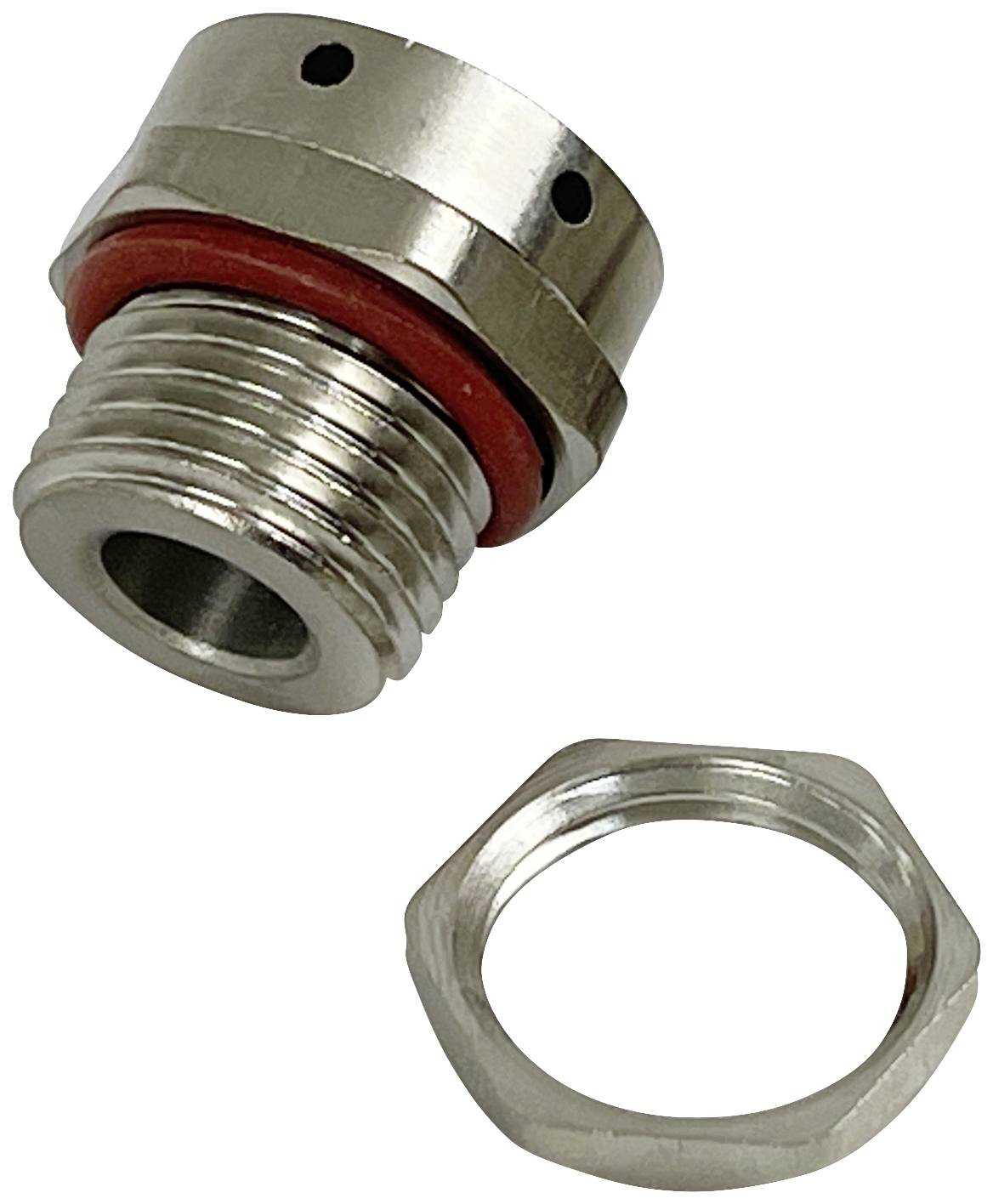 Metal adapter and hexagonal nut. The adapter has a red sealing tape and is made of silver-coloured metal.