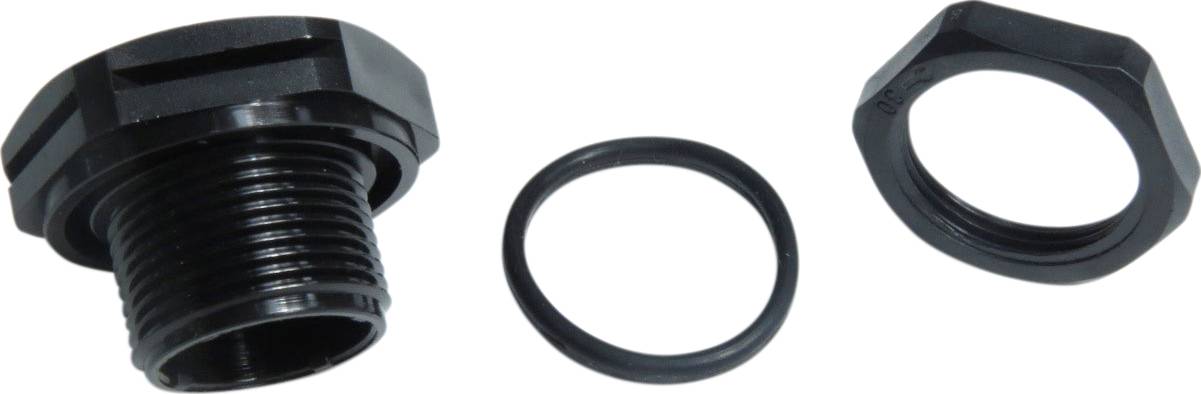 Black plastic pipe fitting set comprising a connector, a sealing ring and a lock nut.
