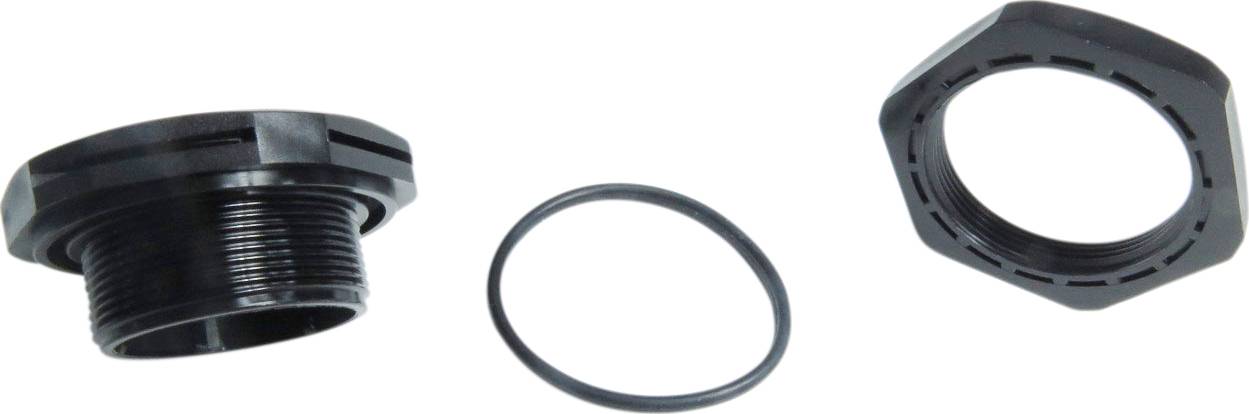 'Three plastic components: a threaded bush, an O-ring, and a hexagonal nut. These parts are used in pipe installations.'