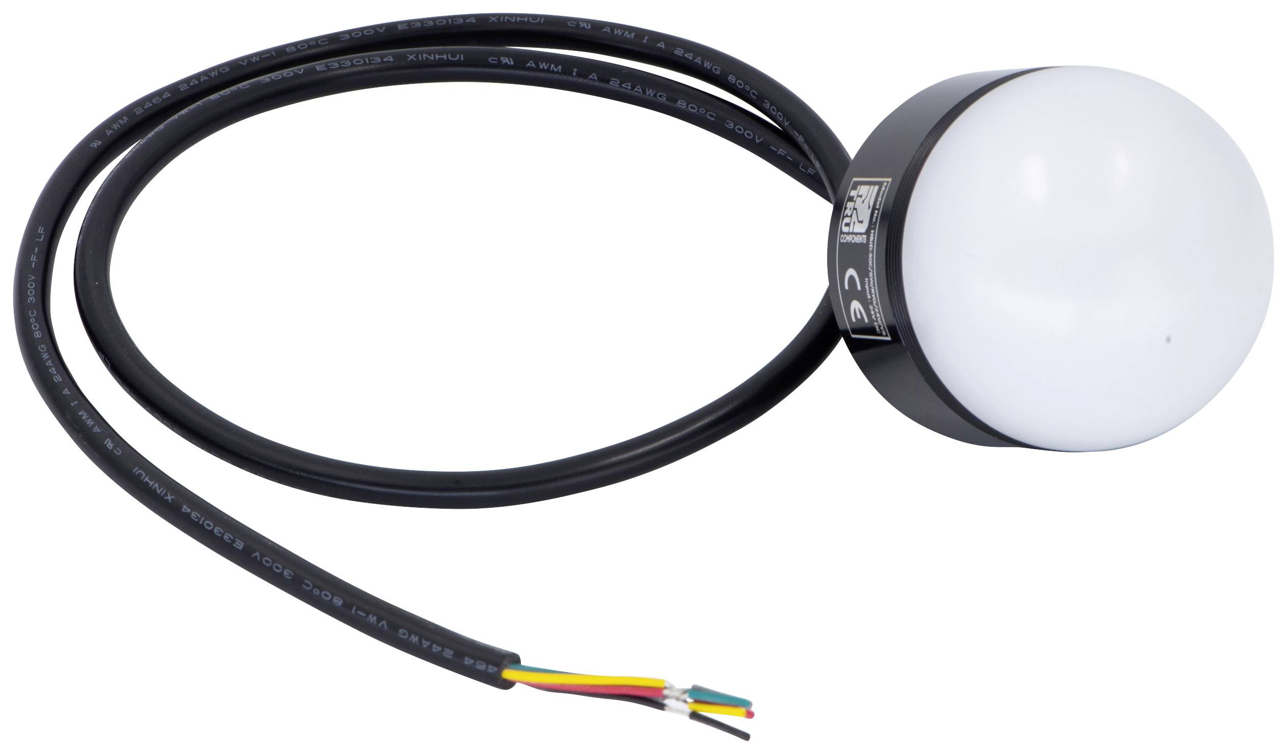 Wired device with a spherical, white housing and multi-coloured cables. Suitable for technical applications.