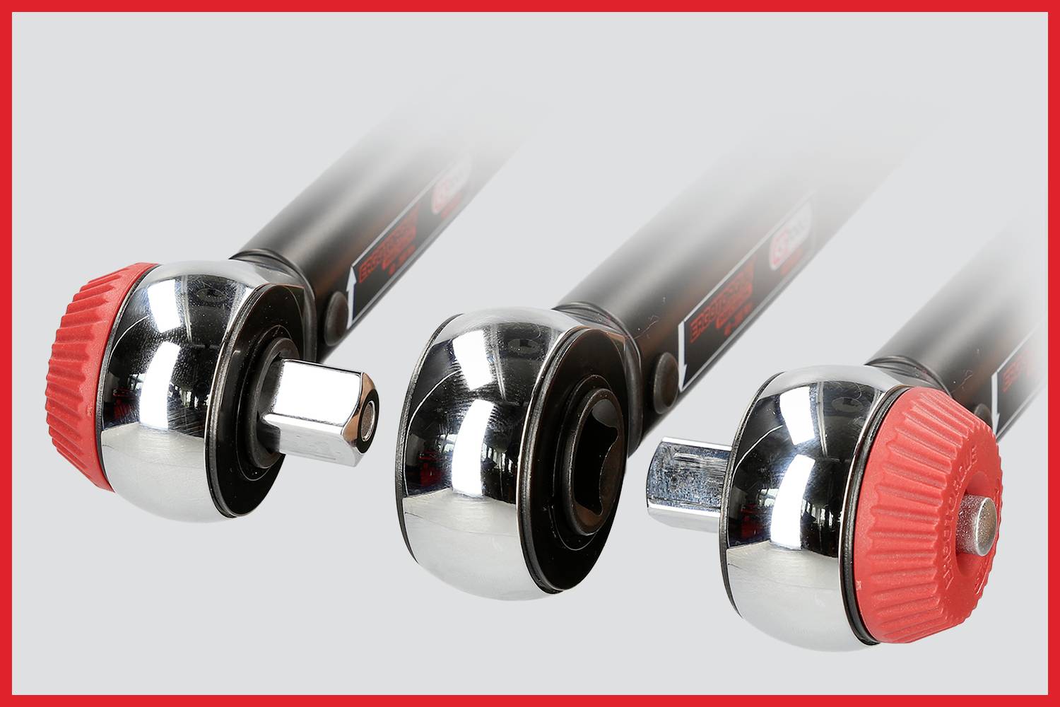 Three black, metallic socket key inserts with red handles and various ends on a grey background.
