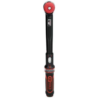 Torque wrench, black and red, with an ergonomic handle, digital display, moment adjustment button, suitable for precise tightening of screws.