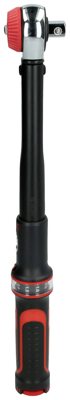 A red and black torque wrench with an adjustable head and non-slip grip, suitable for precise tightening of screws.