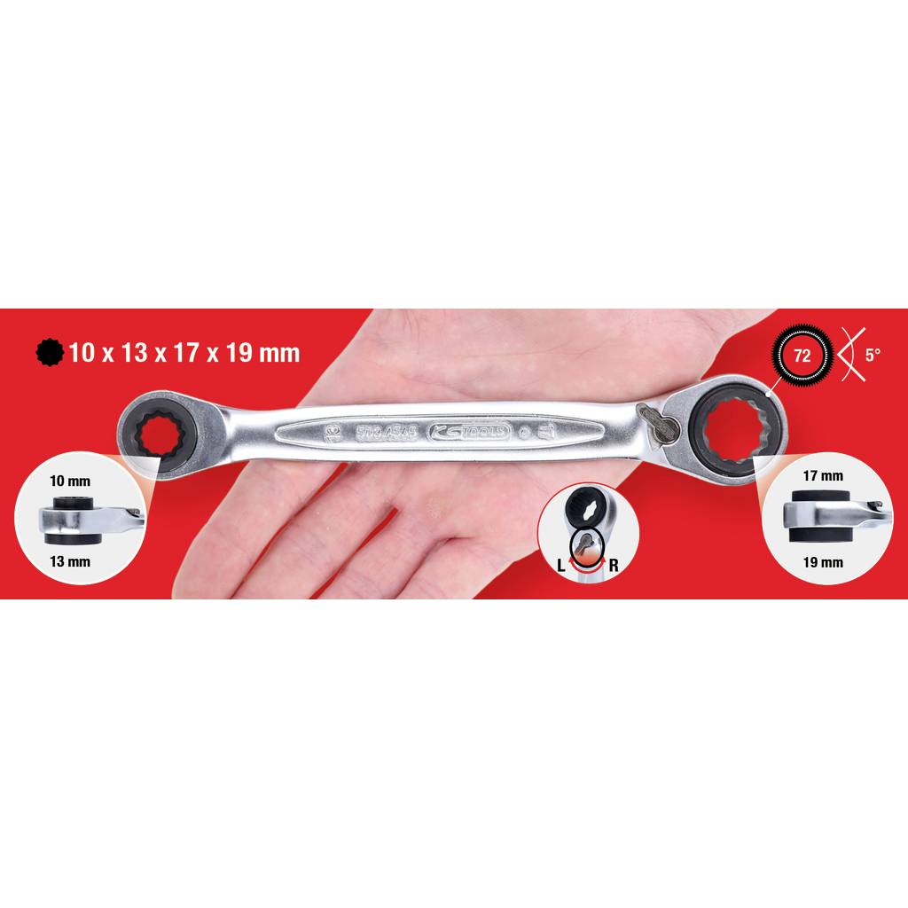 Ratchet ring spanner, suitable for 10, 13, 17 and 19 mm bolts. Innovative design for precise and swift application.