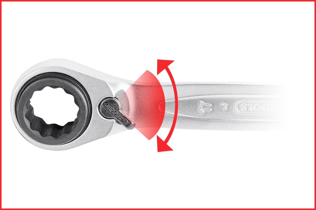 Ratchet spanner with movable head, red arrow indicates rotation direction, enables flexible access in confined spaces.