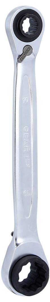 A silver ring spanner with two differently sized ends. Both ends are fitted with a black ratchet mechanism.