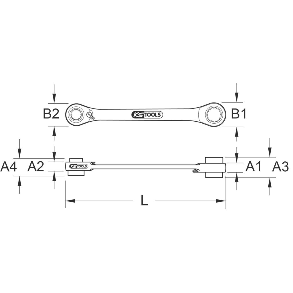 Technical drawing of a spanner with dimensions. Key features: L, B1, B2, A1, A2, A3, A4, manufacturer 'KS Tools'.