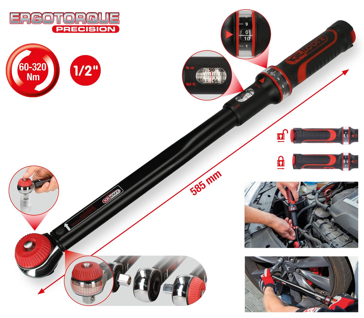 Torque wrench 'Ergotorque Precision' with red accents, adjustable from 60 to 320 Nm. Demonstrates hand use in engine compartment.