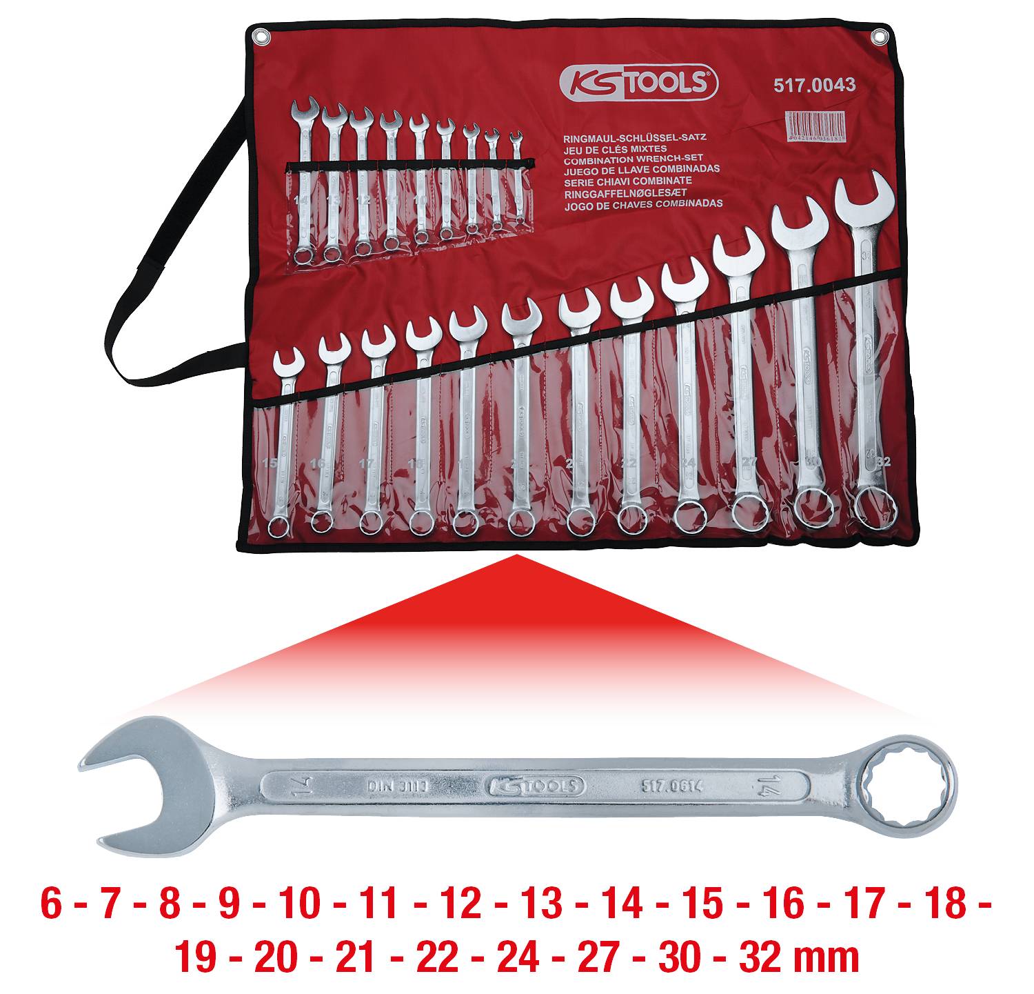 'Set of open-ended spanners in red holders. Spanner sizes from 6 to 32 mm. Shown with brand and article number.'