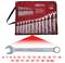 'Set of open-ended spanners in red holders. Spanner sizes from 6 to 32 mm. Shown with brand and article number.'
