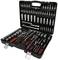 An open toolbox with various socket spanners, bits and ratchets arranged in neat compartments for repair work.