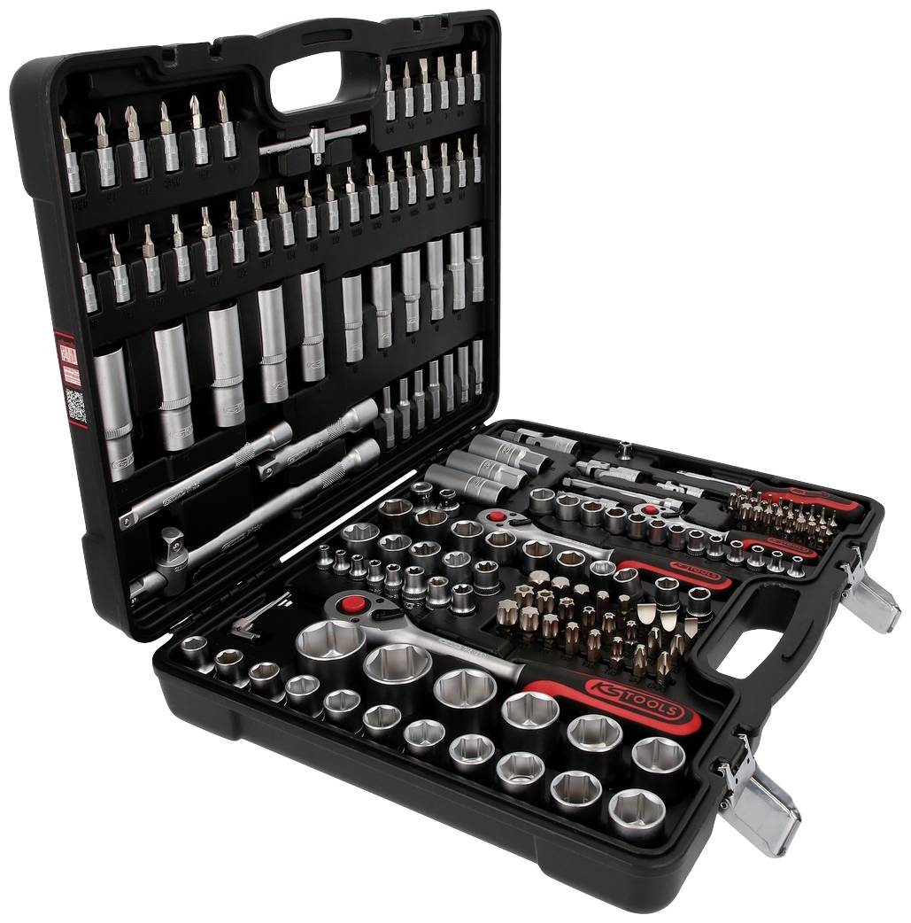 'Tool case with various socket wrench sets, bits and extensions, neatly arranged in a black case with handle.'