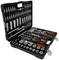 'Tool case with various socket wrench sets, bits and extensions, neatly arranged in a black case with handle.'