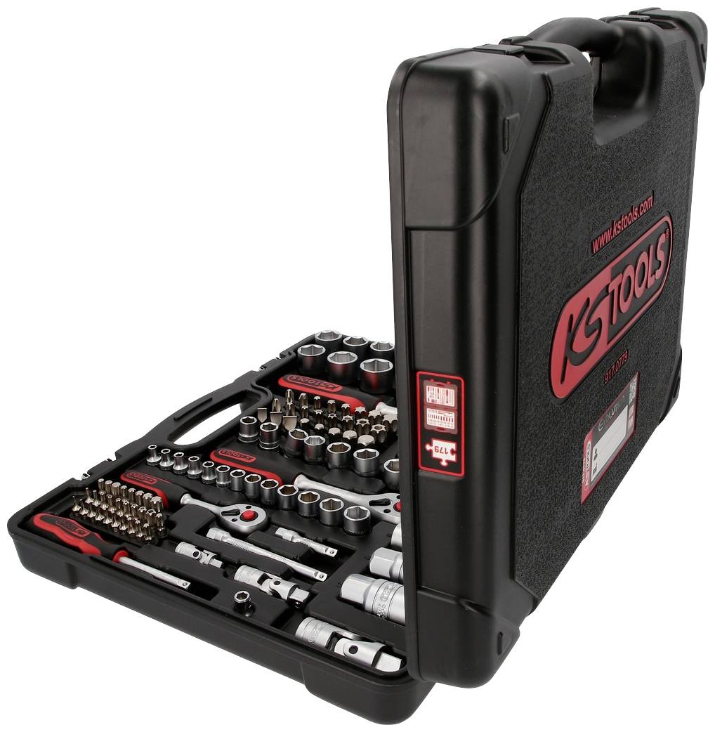 An opened tool case with various socket wrenches and ratchet attachments, organised in individual compartments.