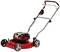A red and black lawnmower with an electric drive and an ergonomically shaped handle, set against a white background.