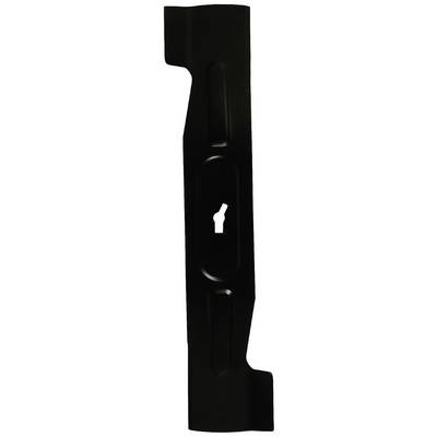 A black replacement blade for a lawnmower.