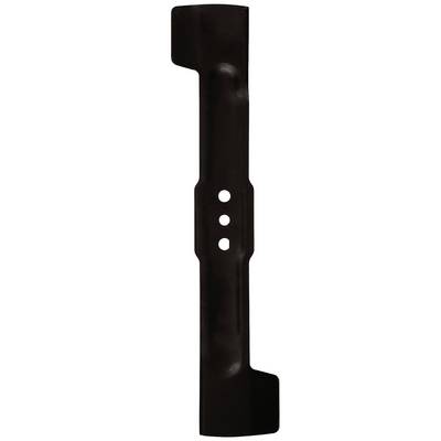 A black lawnmower blade with three mounting holes in the centre, sharp edges at both ends and a curved design.