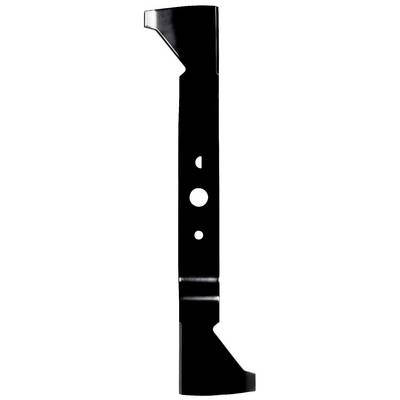 A black metal knife with sharp edges, presumably for a lawnmower, against a white background.