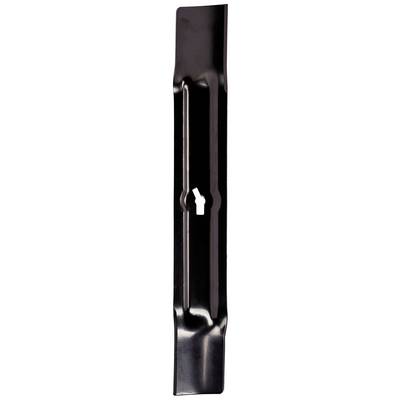 Black lawnmower blade with a smooth surface and central opening for mounting.