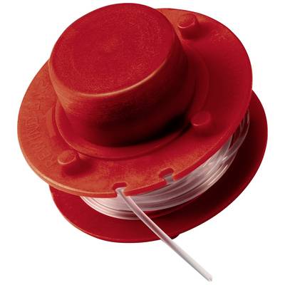 A red thread head with wound white thread, used for garden tools or trimmers.