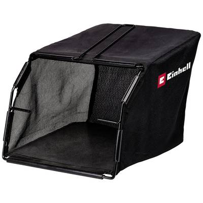 A black grass collection bag by Einhell, with the open end facing forward. Used for grass collection in lawnmowers.