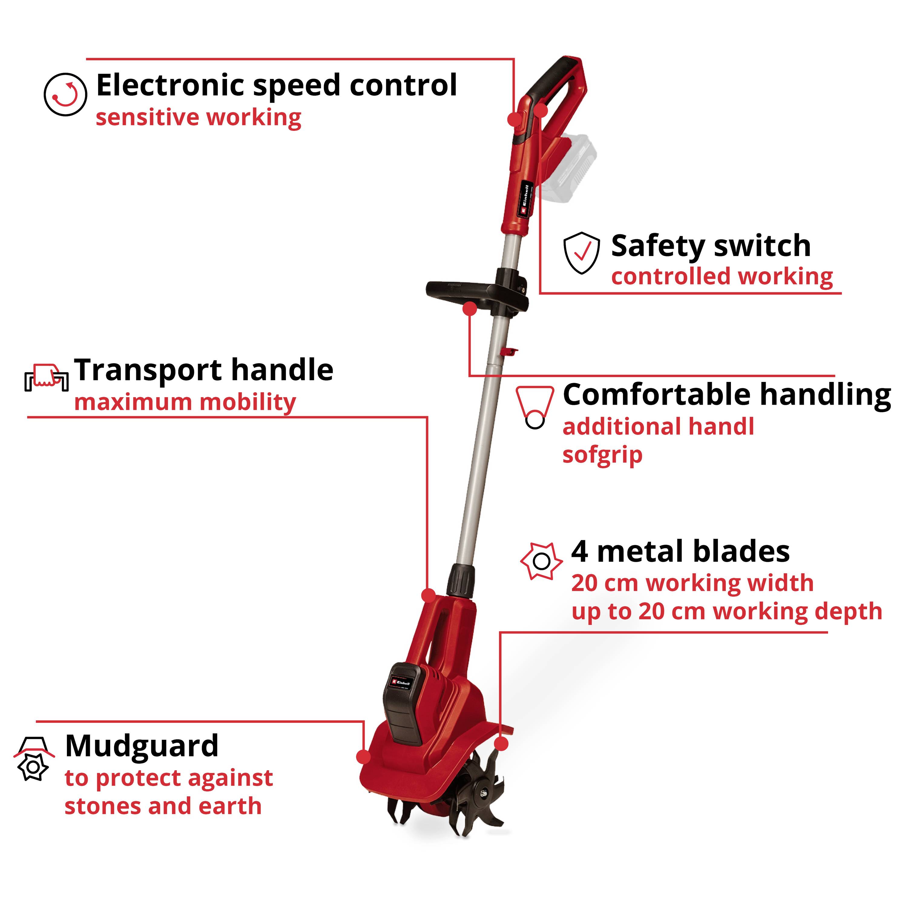 'Electric soil cultivator with rotational speed electronics, safety handle, 4 tilling blades, protective guard, transport handle and soft grip.'