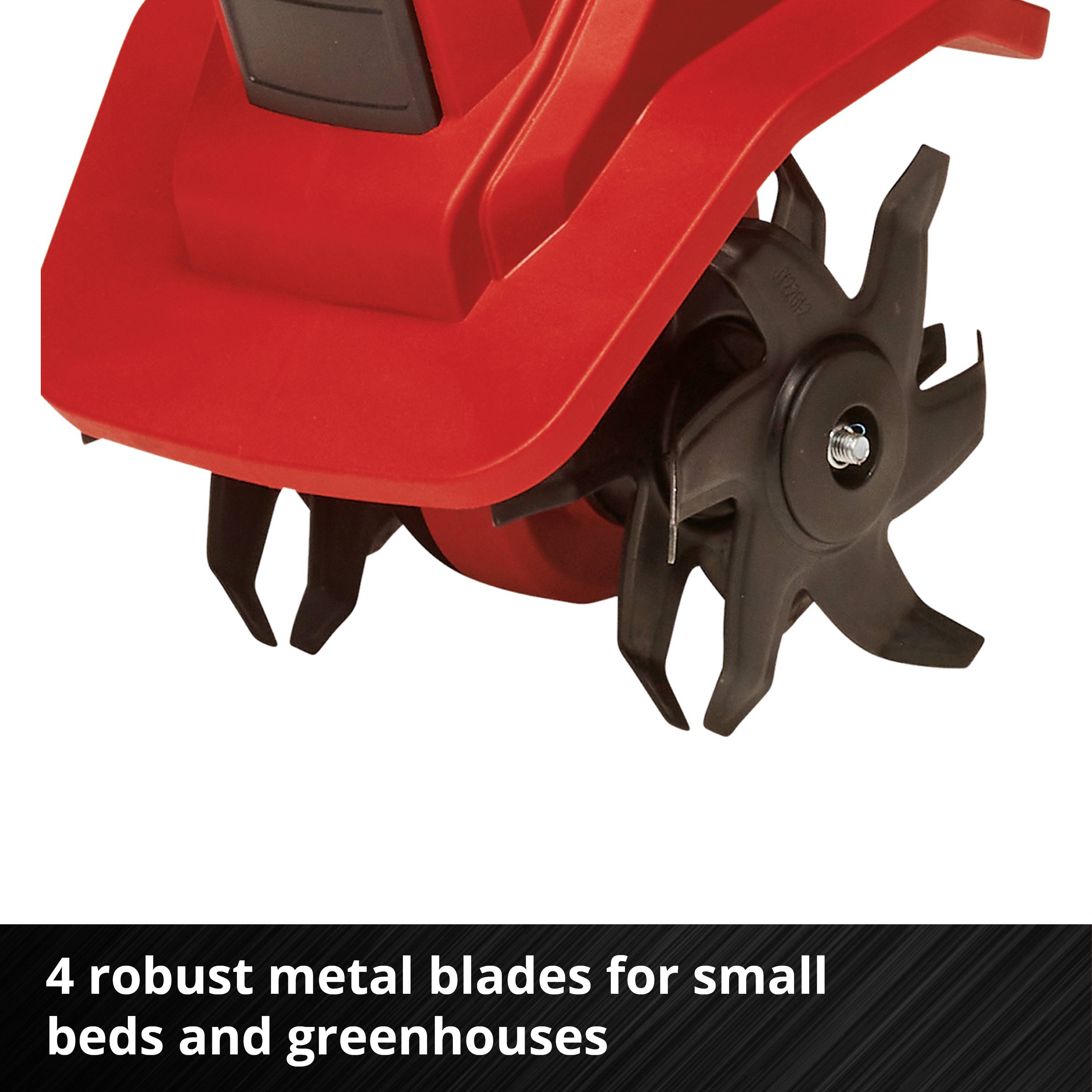 A red garden tool with four robust metal hacking blades, suitable for beds and greenhouses.