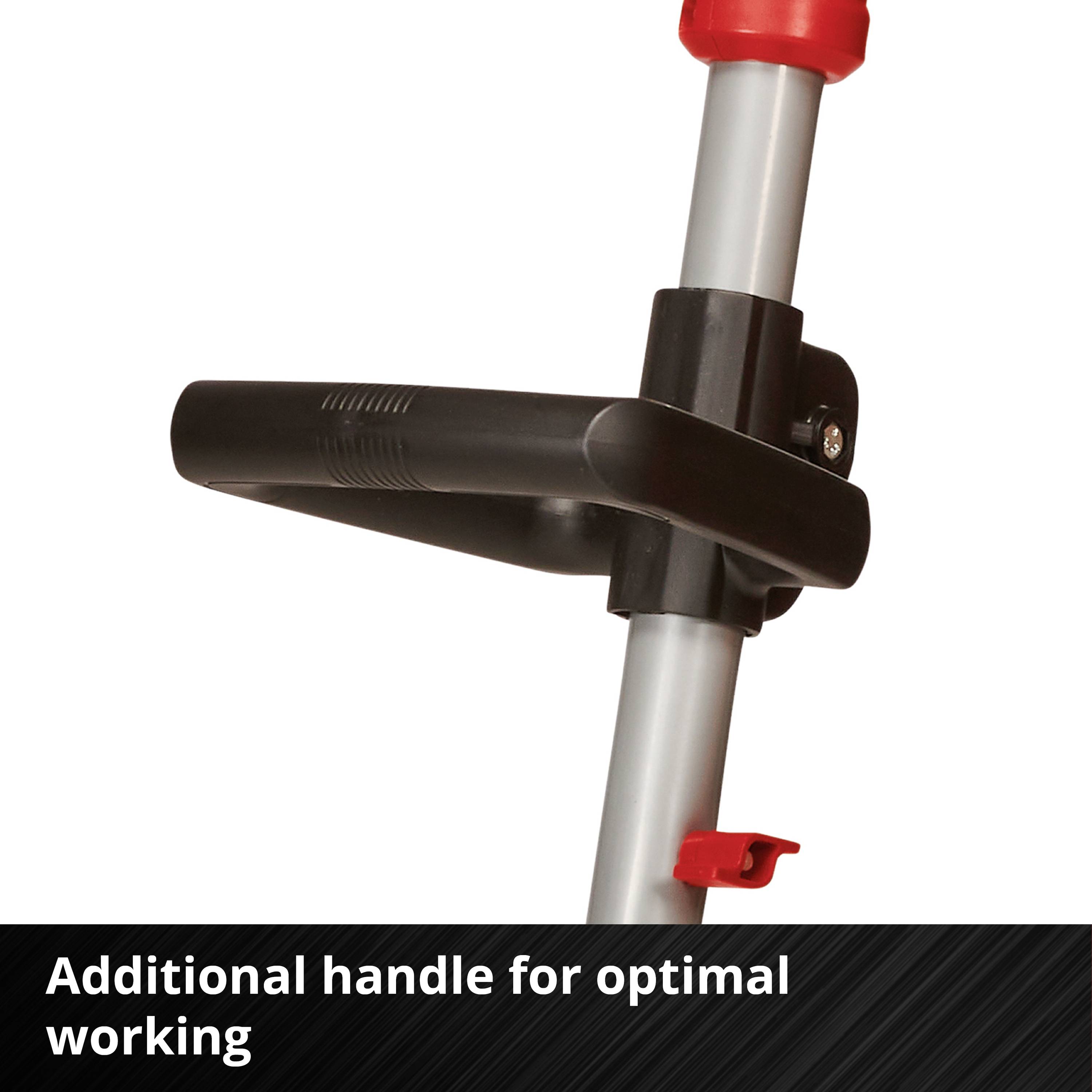 Additional handle on a metallic rod with a red grip and clamping system, text 'Additional handle for optimal working'.