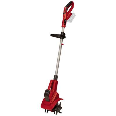 Electric garden tiller with a red casing, black handle, and battery housing. Suitable for cultivating soil in small to medium-sized gardens.