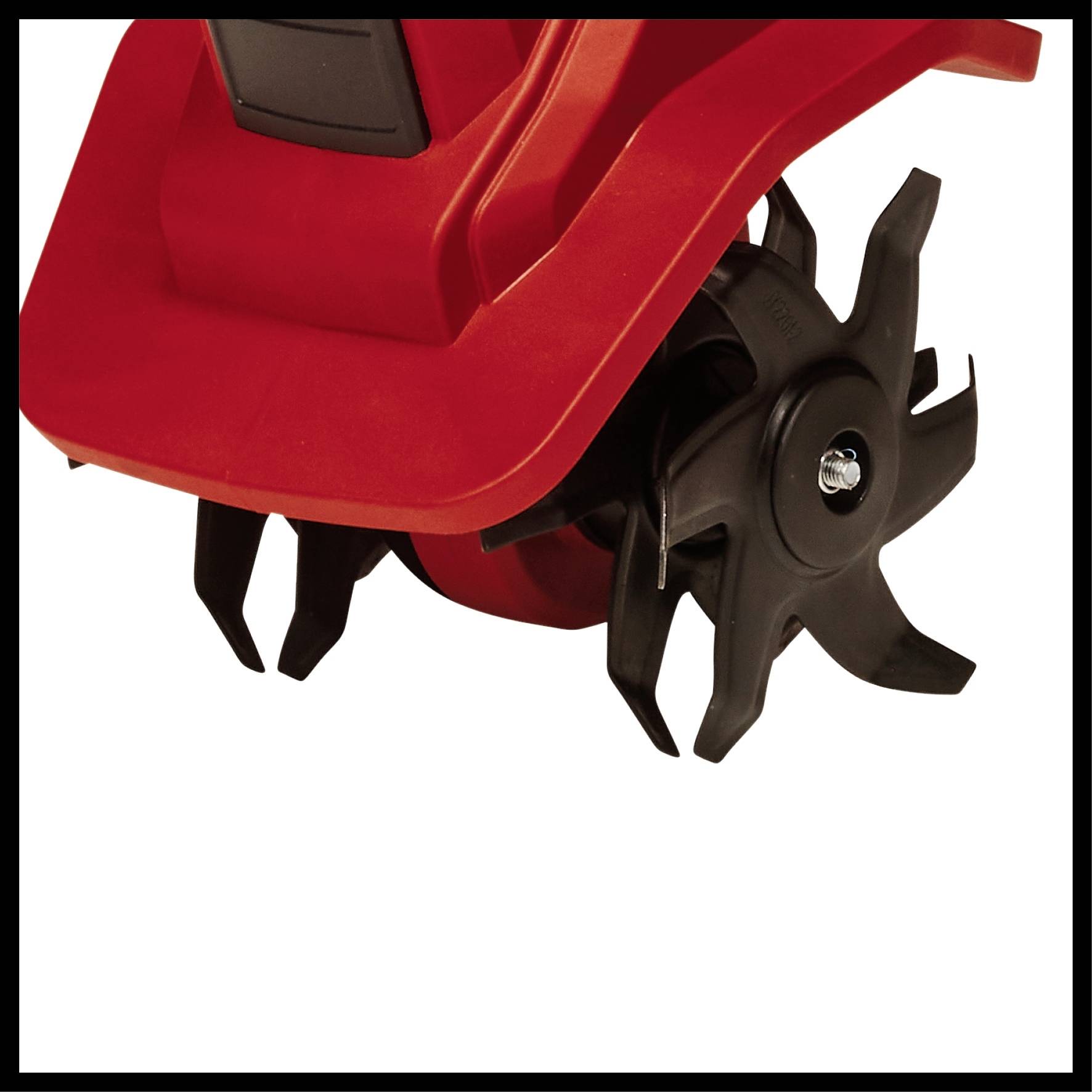 Red garden tool attachment with black, star-shaped metallic wheels.