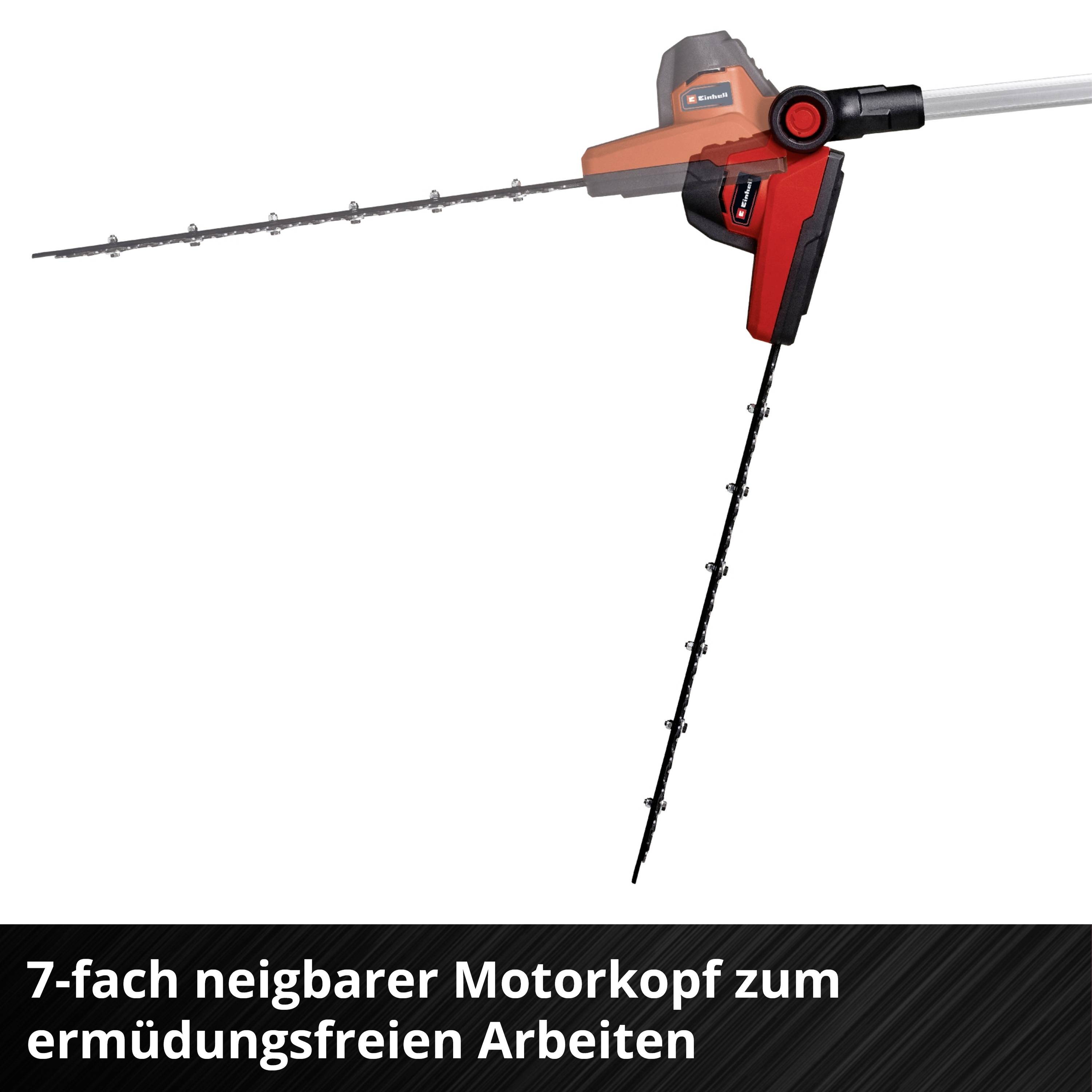 'Hedge trimmer with 7-position adjustable motor head for fatigue-free working' and image of a hedge trimmer with a red handle.