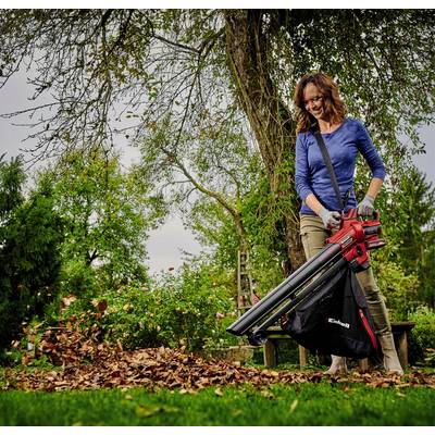 A woman in a blue top is using a leaf blower to vacuum leaves into a pile in a garden, surrounded by trees and flowers.