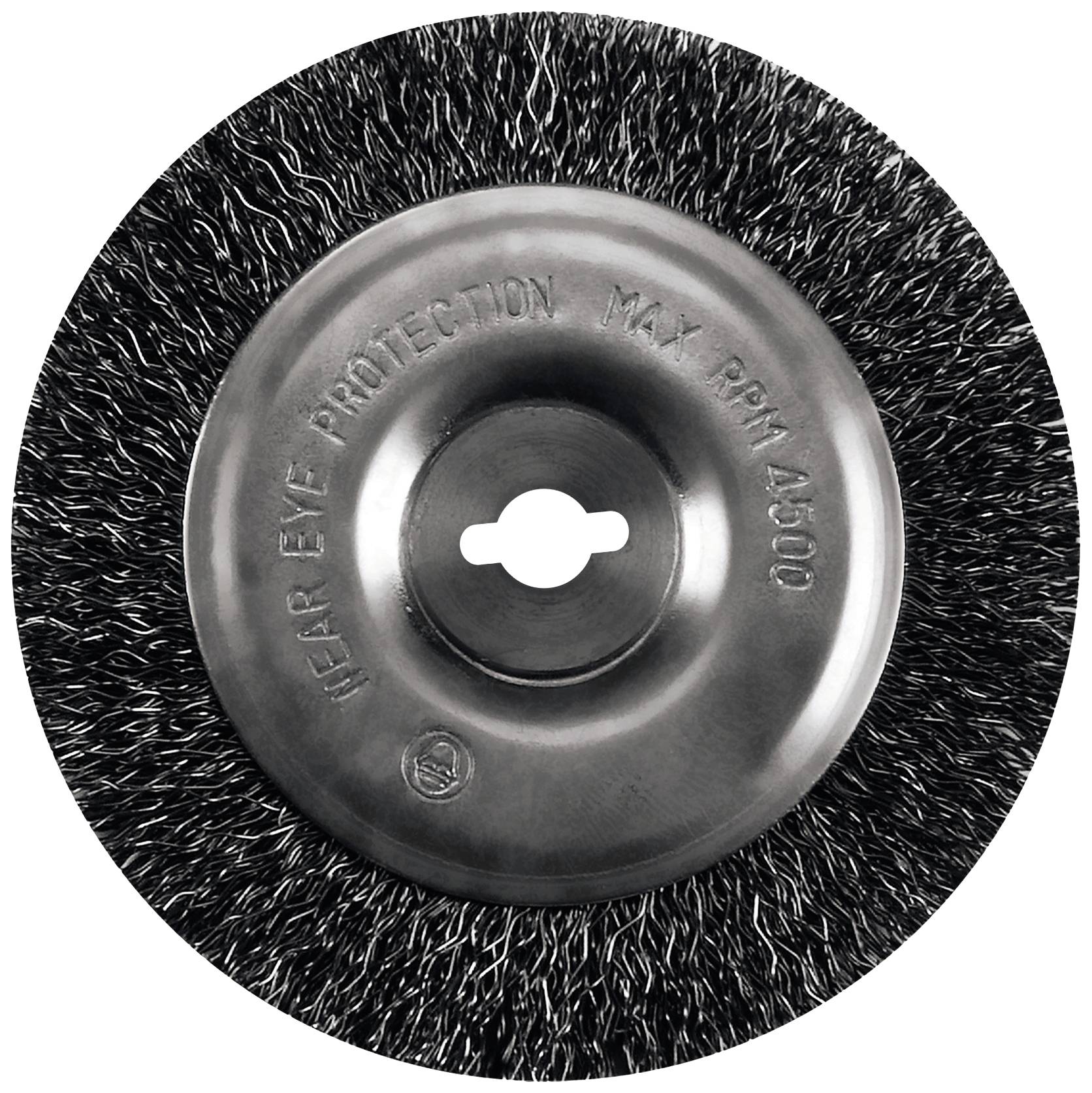 Round wire brush with metal centre, inscription "WEAR EYE PROTECTION MAX RPM 4500".