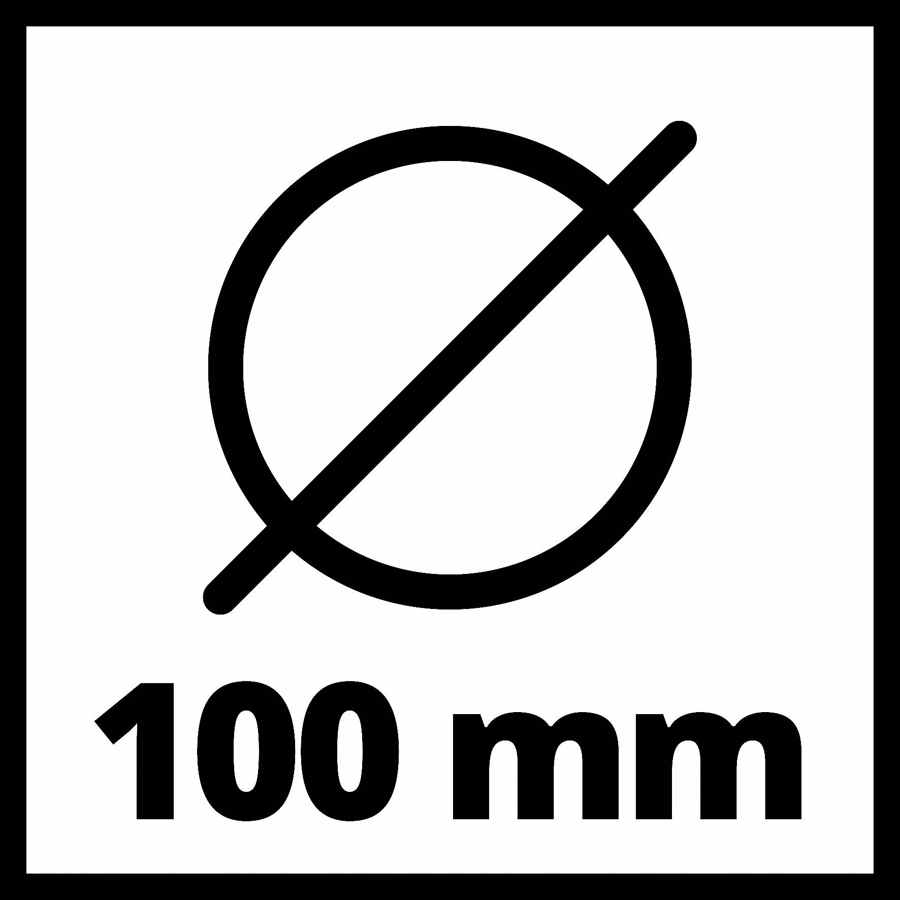 'Symbol shows a circle with a diagonal line through the middle. Below this, the specification "100 mm".'