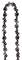 A chainsaw chain in vertical view, composed of black and silver links, displaying sharp cutting teeth.