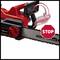 A red switch on a chainsaw, accompanied by a crossed-out hand symbol and a stop sign, indicates danger.