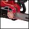 A red chainsaw with a symbol showing an oil can pouring oil onto the chain.