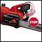 A red chainsaw with a stop sign symbol.