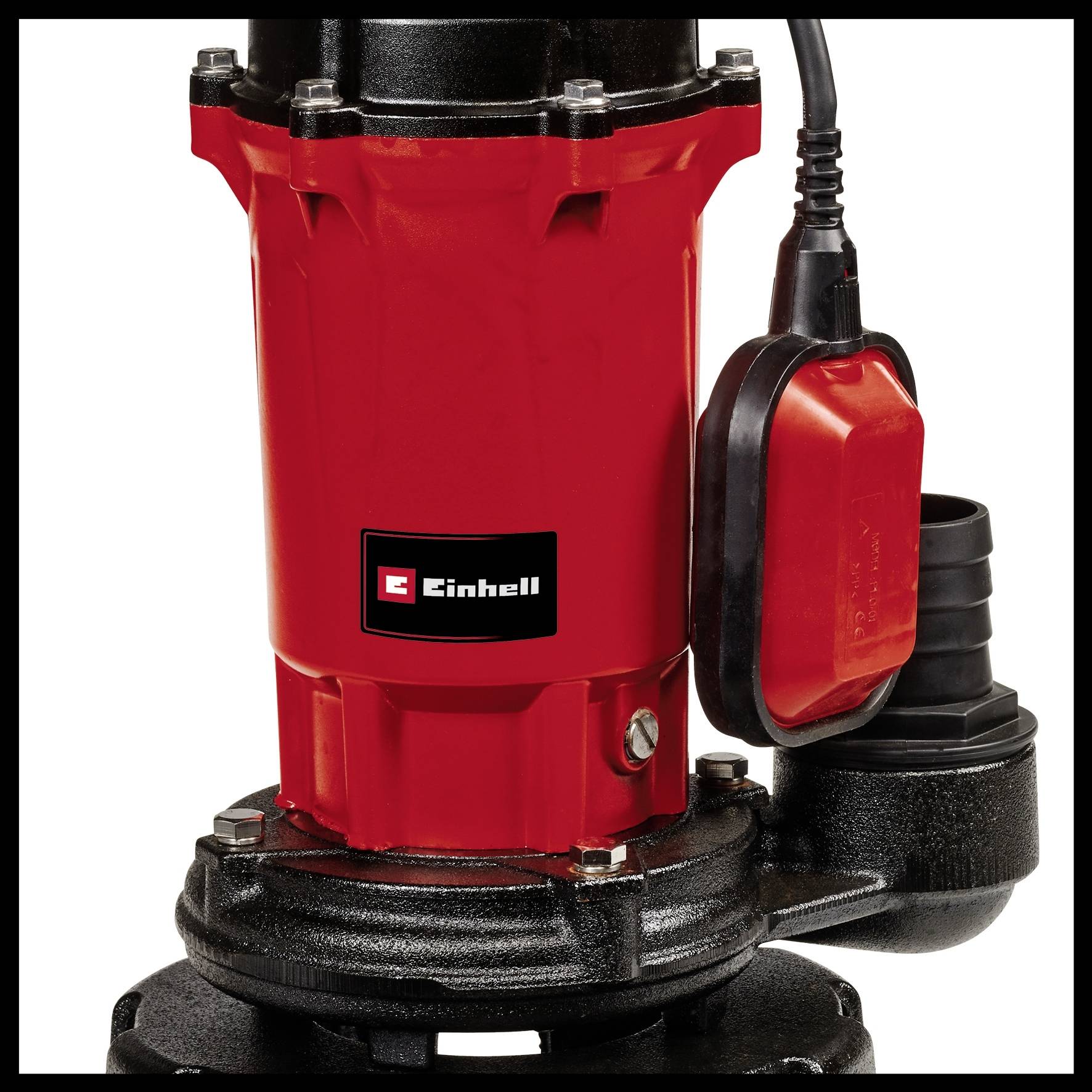 A red submersible pump with cable and float switch. Suitable for pumping water in cellars or gardens.